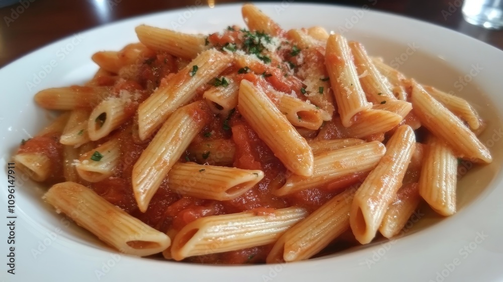 Penne pasta topped with flavorful arrabiata sauce, garnished with herbs, served in a round white plate, showcasing vibrant colors and textures.