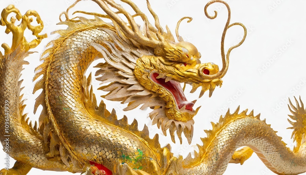 Fototapeta premium Golden Chinese Dragon Isolated on White Background â€“ A Magnificent Traditional Eastern Dragon Design Symbolizing Power, Prosperity, and Strength, Perfect for Cultural Art and Design Use