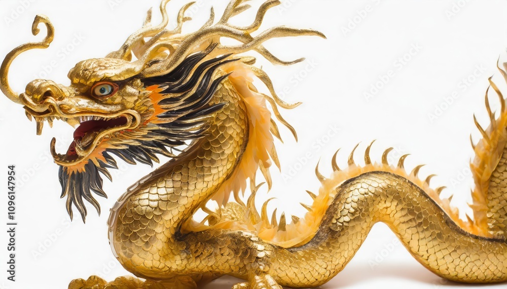 Fototapeta premium Magnificent Chinese Golden Dragon Statue Isolated on White Background â€“ Traditional Symbol of Prosperity and Power with Intricate Gold Detailing and Classic Cultural Significance