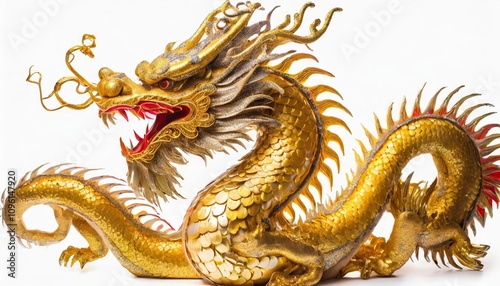 Majestic Chinese Golden Dragon Isolated on White Background â€“ Traditional Oriental Art Depiction of a Glorious Golden Dragon in Stunning Detail and Symbolic Elegance, Perfect for Creative