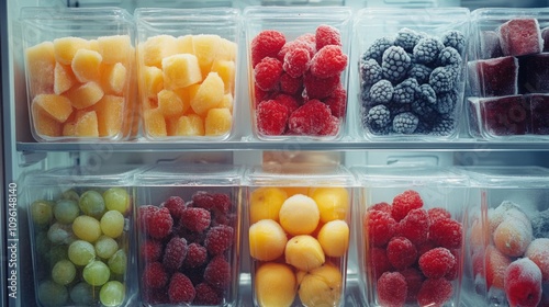 Fototapeta Naklejka Na Ścianę i Meble -  Vibrant assortment of mixed frozen fruits neatly organized in transparent containers displayed inside a freezer compartment