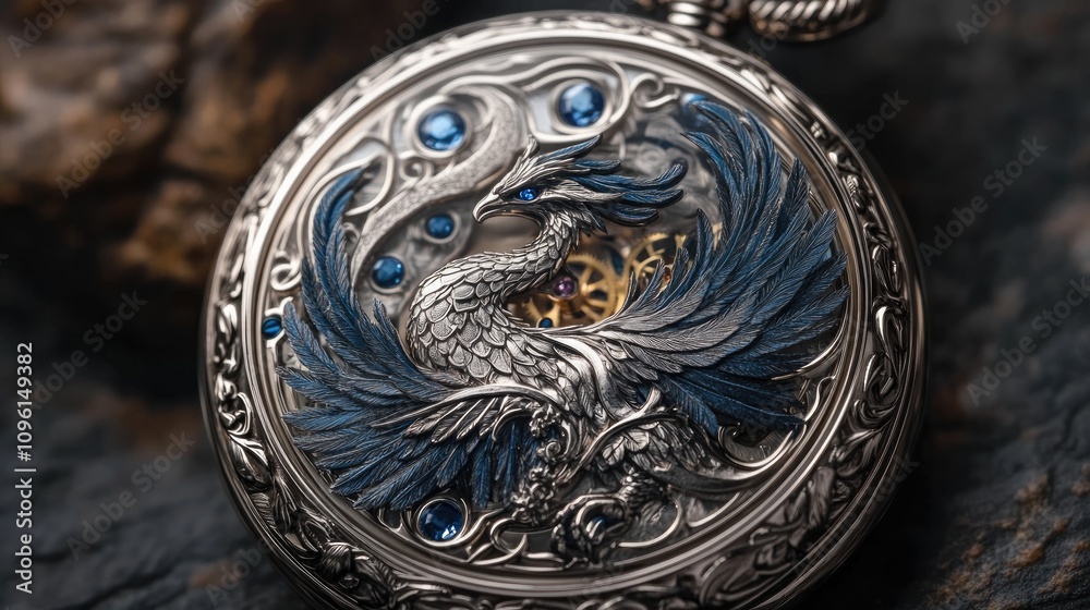 Intricate Silver Pocket Watch Adorned with a Stunning Phoenix Design and Brilliant Sapphire Accents Intricate Silver Pocket Watch Adorned with a Stunning Phoenix Design and Brilliant Sapphire Accents