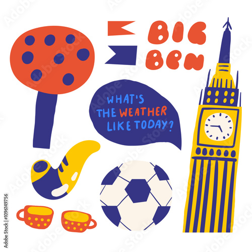 Cute England, english, UK, United Kingdom objects, composition with hand drawn doodle Big Ben, football, tree, cups, smoke, pipe, dialog bubble. Tourist, travel, education signs