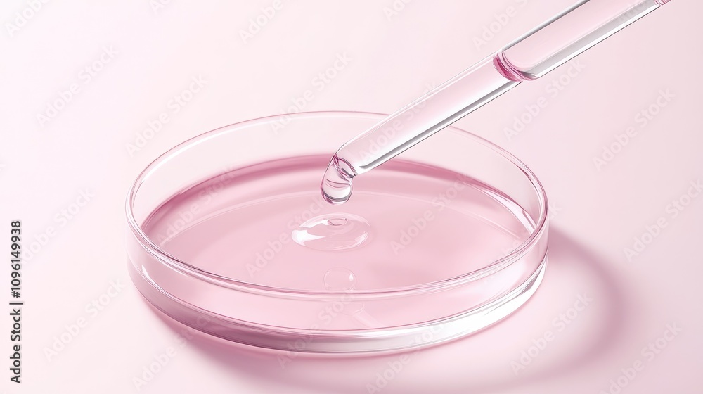 Pipette delivering a pink cosmetic sample into a clear petri dish on a soft pink background, highlighting fluid details and precision in action. Pipette delivering a pink cosmetic sample into a clear petri dish on a soft pink background, highlighting fluid details and precision in action.