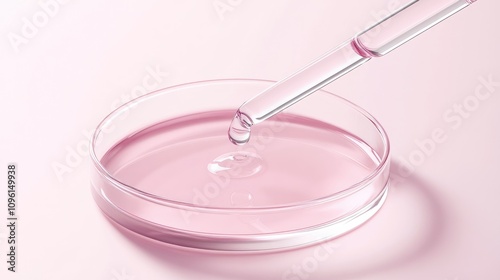 Pipette delivering a pink cosmetic sample into a clear petri dish on a soft pink background, highlighting fluid details and precision in action.