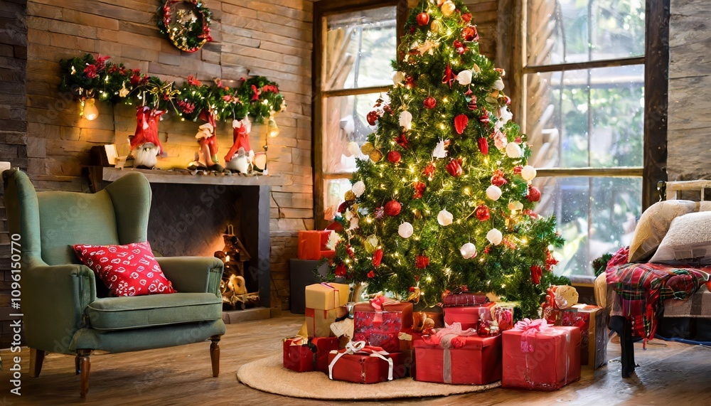 A beautifully decorated Christmas tree in a cozy living room surrounded by wrapped gifts, glowing lights, sparkling ornaments, and festive accents, evoking the holiday spirit and warm A beautifully decorated Christmas tree in a cozy living room surrounded by wrapped gifts, glowing lights, sparkling ornaments, and festive accents, evoking the holiday spirit and warm