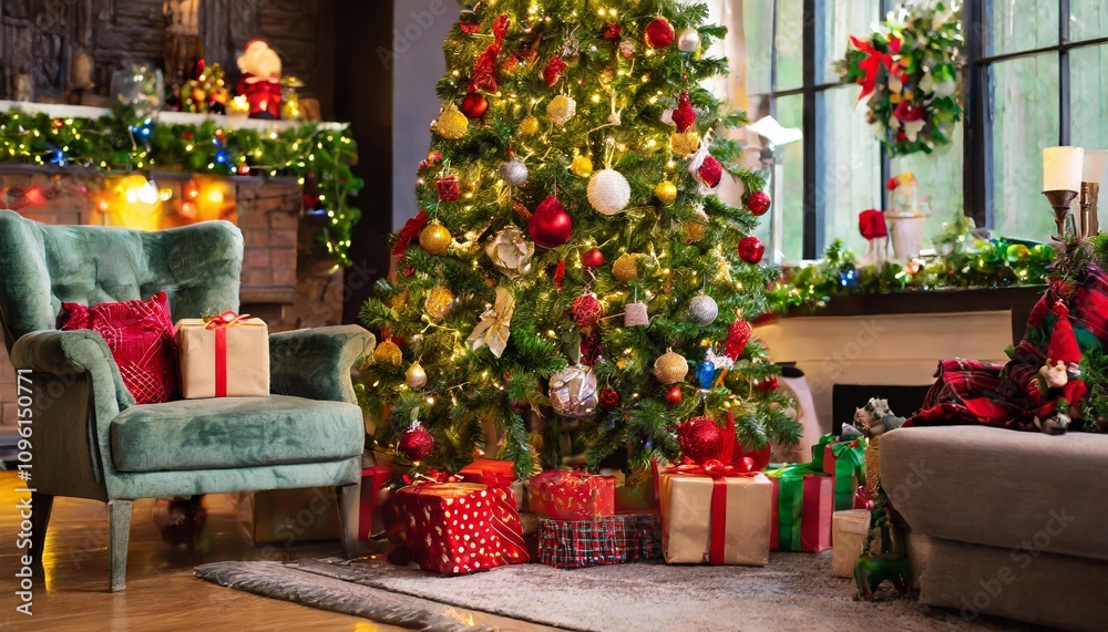 Festive Christmas tree in a cozy living room adorned with sparkling decorations, colorful lights, and surrounded by wrapped gifts, creating a warm and inviting holiday atmosphere. Festive Christmas tree in a cozy living room adorned with sparkling decorations, colorful lights, and surrounded by wrapped gifts, creating a warm and inviting holiday atmosphere.