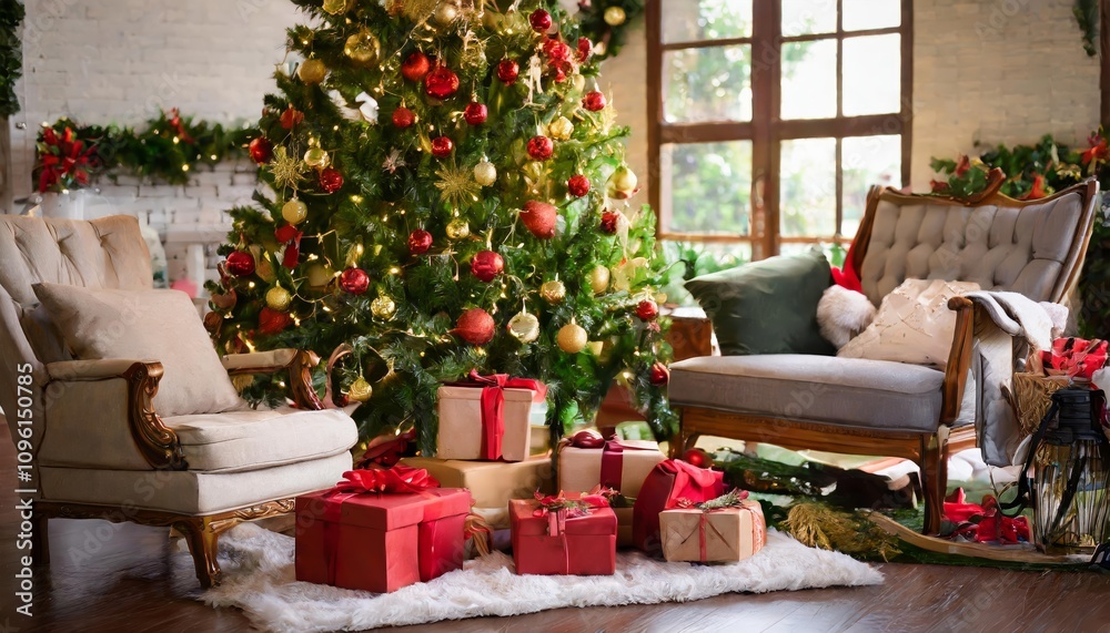 Elegant Christmas tree in a cozy living room surrounded by festive decorations, beautifully wrapped gifts, glowing lights, ornaments, and holiday cheer creating a warm seasonal ambiance. Elegant Christmas tree in a cozy living room surrounded by festive decorations, beautifully wrapped gifts, glowing lights, ornaments, and holiday cheer creating a warm seasonal ambiance.