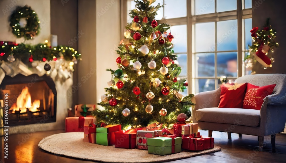 Festive Christmas tree in a cozy living room adorned with colorful lights, ornaments, and gifts under the tree, evoking the warmth and joy of the holiday season. Festive Christmas tree in a cozy living room adorned with colorful lights, ornaments, and gifts under the tree, evoking the warmth and joy of the holiday season.
