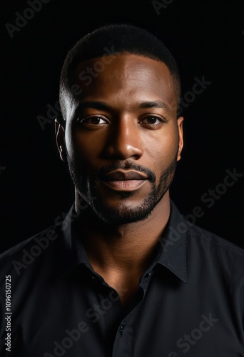 portrait of a confident man, dark background, black shirt, sharp lighting, intense gaze, studio photography style, professional headshot, high contrast, dramatic mood 