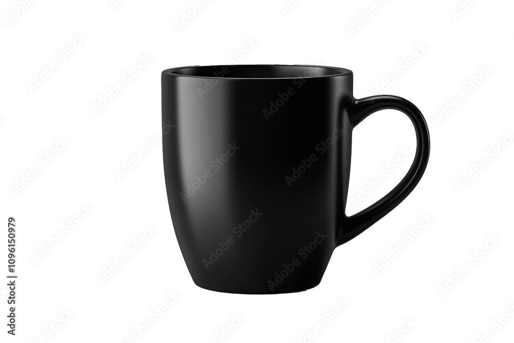 A minimalist, matte black ceramic mug with a simple silhouette, isolated on transparent background, png file A minimalist, matte black ceramic mug with a simple silhouette, isolated on transparent background, png file