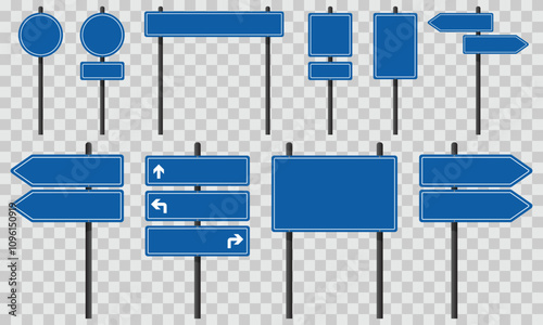 Set of blue road signs on steel poles. Blank signs for customized text or symbols. Vector illustration, EPS10