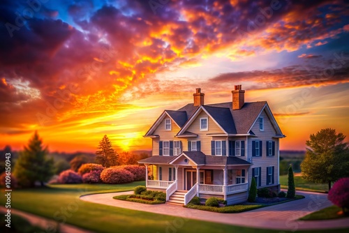 Stunning 3D Render of a Classic American House Bathed in Golden Sunset Light with Tilt-Shift Photography Effect, Perfect for Capturing the Charm of Suburban Architecture