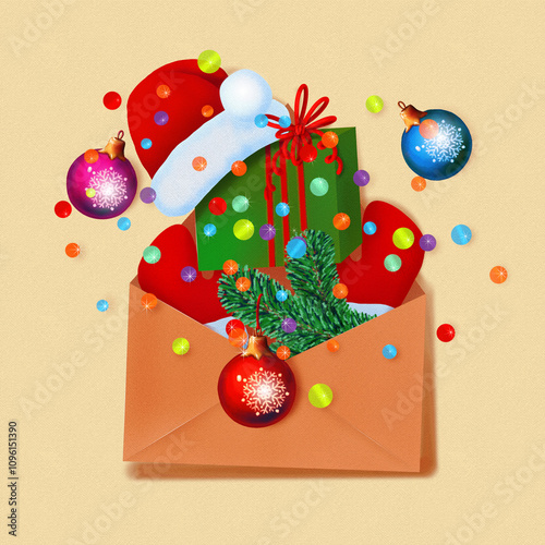 Festive holiday envelope with christmas cheer. Illustration with noise and texture
