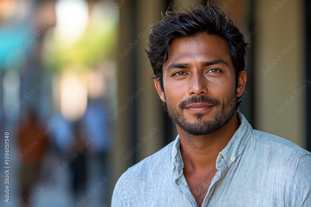 Fototapeta premium Confident young man outdoors with a casual smile in urban setting