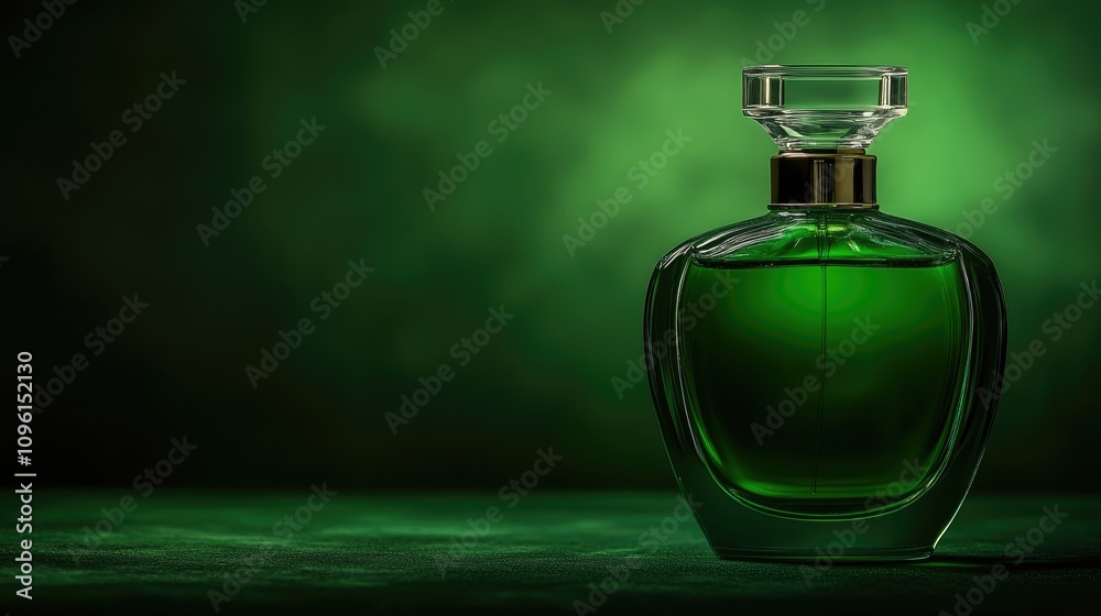 Elegant green perfume bottle on a textured dark green background, showcasing a luxurious and sophisticated aesthetic with space for text. Elegant green perfume bottle on a textured dark green background, showcasing a luxurious and sophisticated aesthetic with space for text.