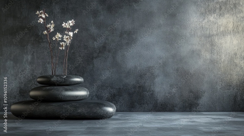 Minimalist zen interior design showcasing stacked dark stones with delicate flowers against a textured gray backdrop, offering ample copyspace. Minimalist zen interior design showcasing stacked dark stones with delicate flowers against a textured gray backdrop, offering ample copyspace.