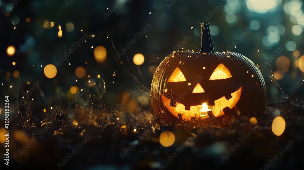 Illuminated Halloween pumpkin with a cheerful face glowing in a dark setting surrounded by shimmering bokeh lights and soft foliage. Illuminated Halloween pumpkin with a cheerful face glowing in a dark setting surrounded by shimmering bokeh lights and soft foliage.