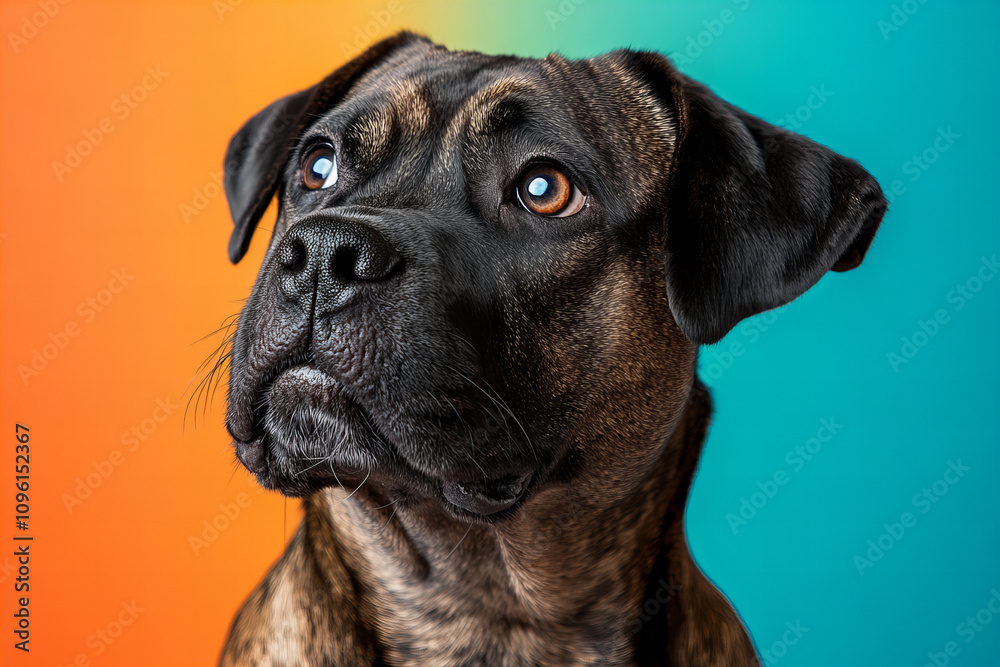 Obraz premium Playful dog closeup with bright colorful background for pet-themed design, social media, and creative advertising