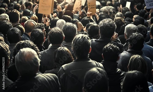Crowded protest scene with people holding signs.