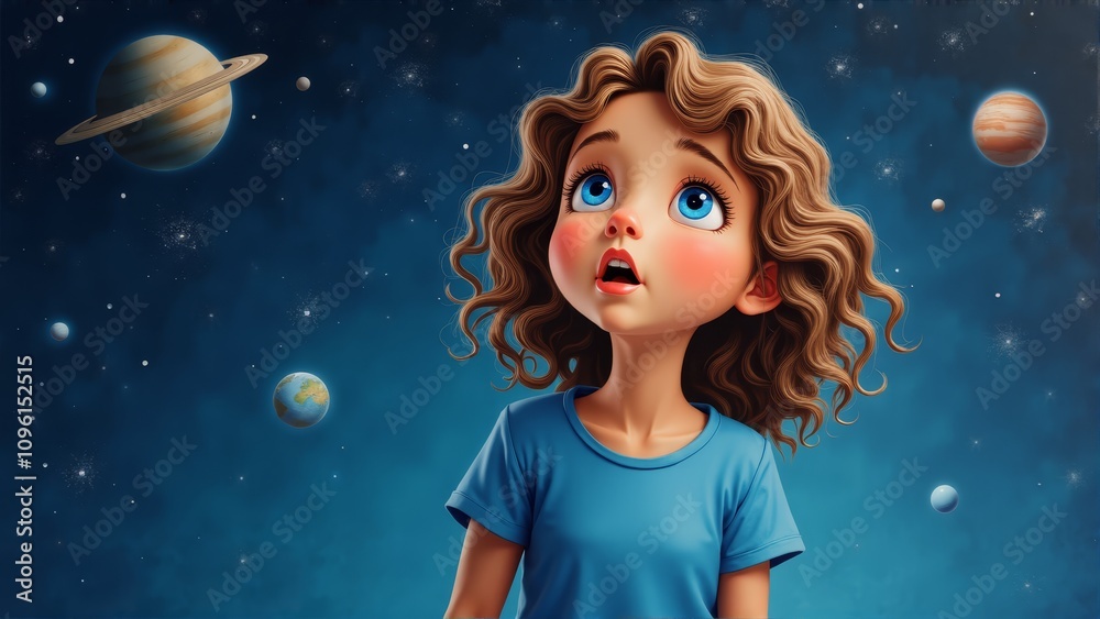 a little girl with curly hair and blue eyes looking up at the planets in the sky She is wearing a blue t-shirt and the background is a deep blue color The image i a little girl with curly hair and blue eyes looking up at the planets in the sky She is wearing a blue t-shirt and the background is a deep blue color The image i