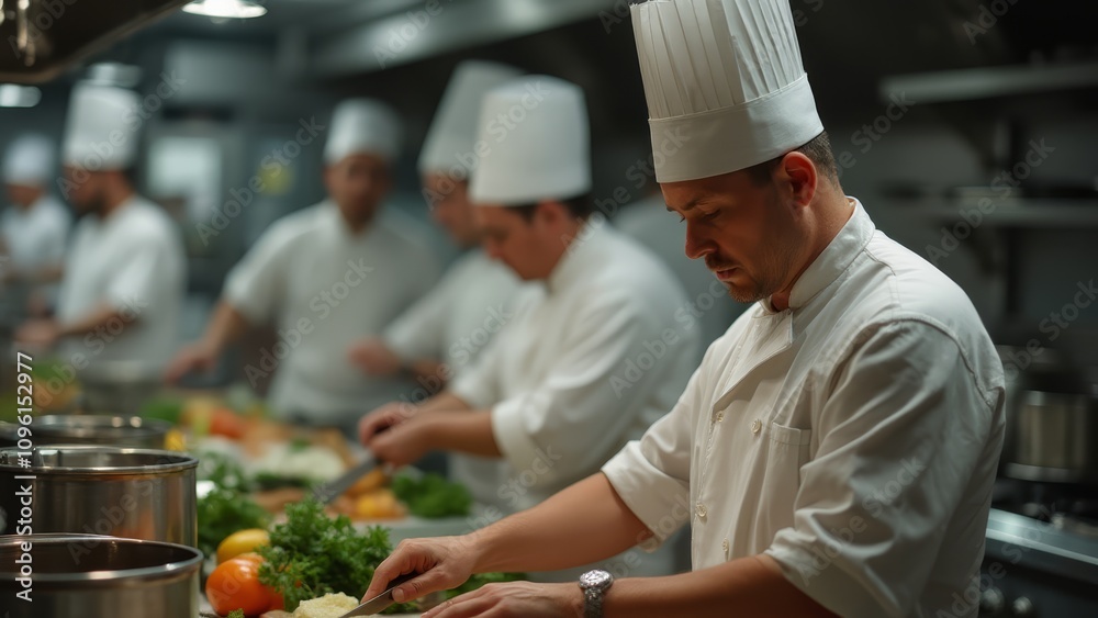a group of chefs in a kitchen preparing food They are wearing white uniforms and caps, and are holding knives in their hands On the table in front of them are var a group of chefs in a kitchen preparing food They are wearing white uniforms and caps, and are holding knives in their hands On the table in front of them are var