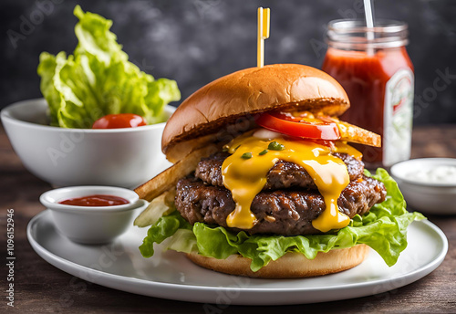 Big burger with double beef kebabs and delicious sauce