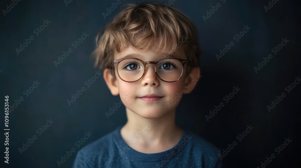 Portrait of a charming young boy wearing glasses, with soft curly hair and a thoughtful expression, against a dark, textured background. Portrait of a charming young boy wearing glasses, with soft curly hair and a thoughtful expression, against a dark, textured background.