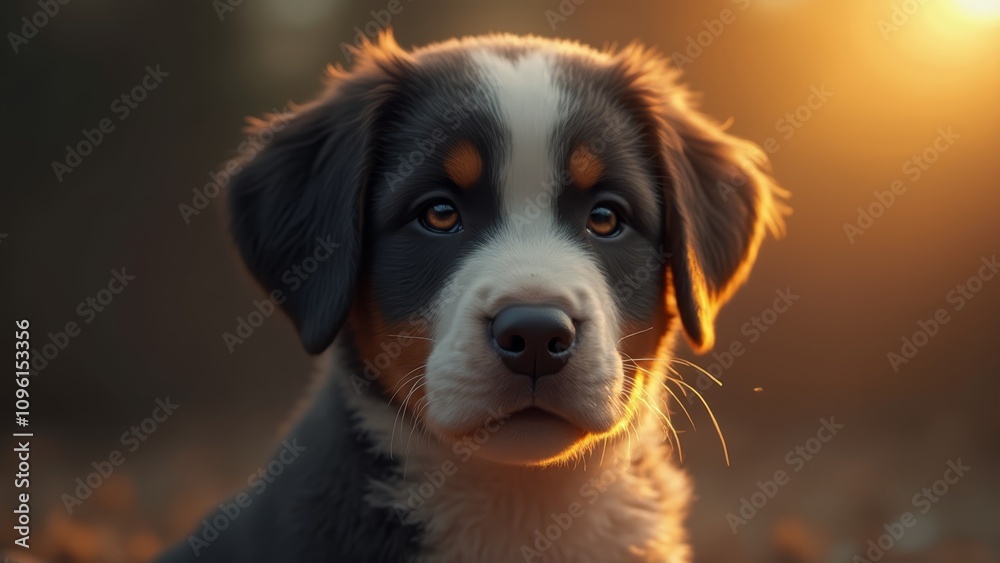 a Bernese Mountain Dog puppy sitting in front of a beautiful sunset, with a blurred background The resolution of the image is 1920x1080, making it perfect for use a Bernese Mountain Dog puppy sitting in front of a beautiful sunset, with a blurred background The resolution of the image is 1920x1080, making it perfect for use