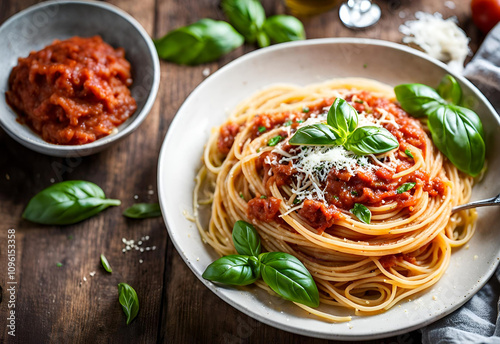 Italian spaghetti meal with tomato sauce