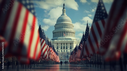 The US Capitol building seen through an array of American flags, symbolizing the country's political system and its sense of identity.