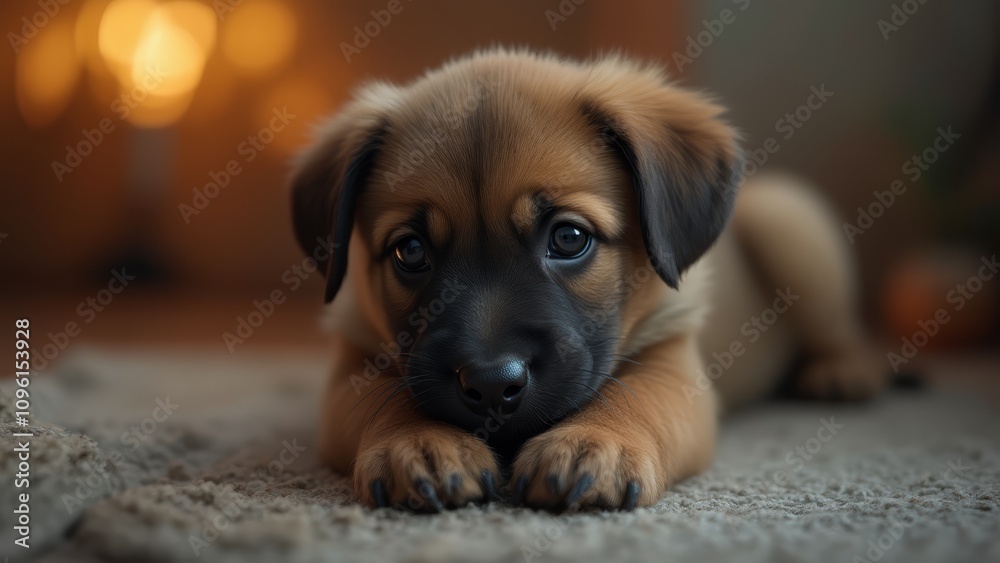 a small brown and black puppy laying on top of a carpet, with a blurred background a small brown and black puppy laying on top of a carpet, with a blurred background