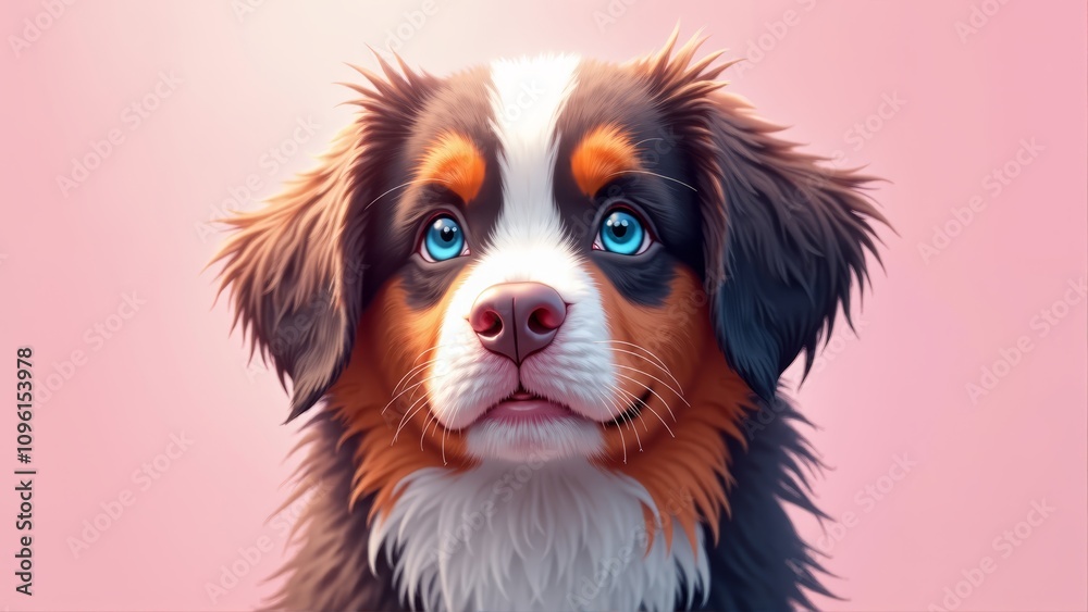 a digital painting of a Bernese Mountain Dog with blue eyes on a pink background The dog has a white, brown and black coat, and the background is a soft pink color a digital painting of a Bernese Mountain Dog with blue eyes on a pink background The dog has a white, brown and black coat, and the background is a soft pink color