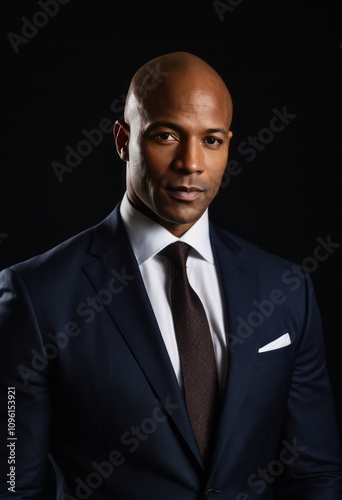 Handsome bald man in a suit on a dark background black businessman portrait Ultra realistic Photorealistic hyperdetailed photography soft light head and shoulders portrait cover