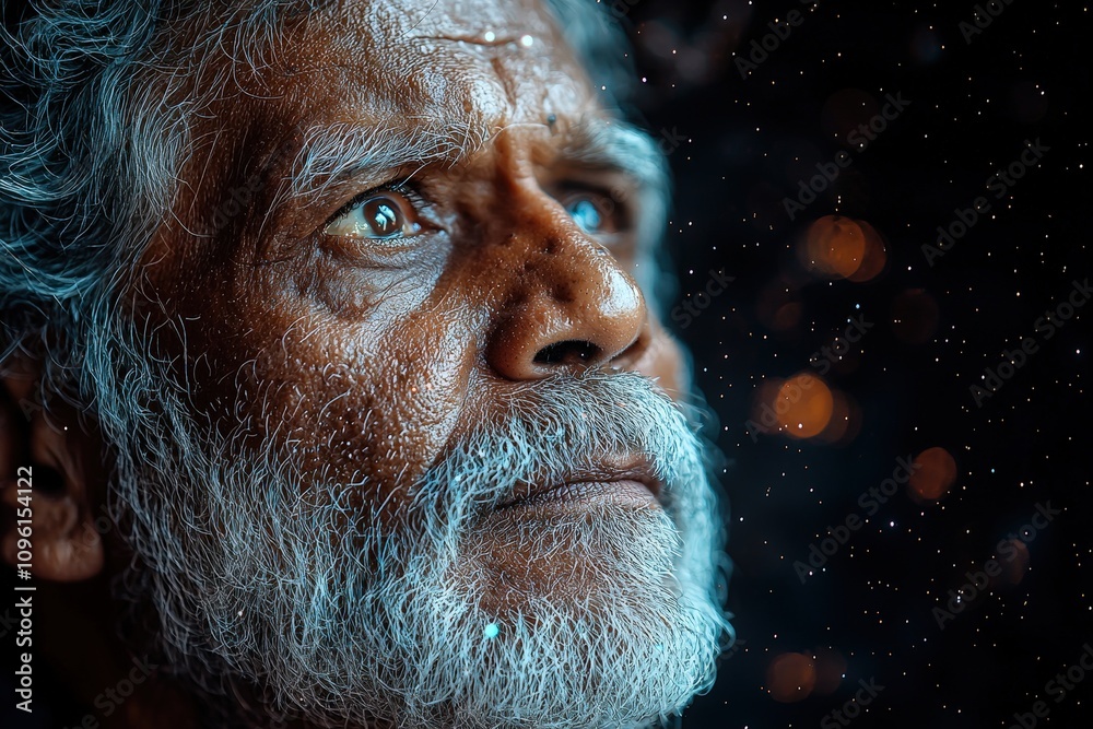 Pensive elderly man gazing into illumination with sparkling bokeh effect Pensive elderly man gazing into illumination with sparkling bokeh effect
