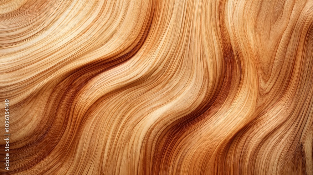 Flowing natural wooden texture with warm tones, ideal for elegant backgrounds and design applications, showcasing smooth, wavy patterns and rich wood grains.