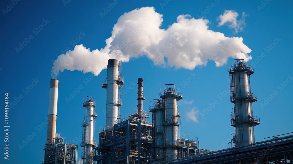 Petrochemical plant or oil refinery smoke stacks with an intricate network of pipes under a clear blue sky Petrochemical plant or oil refinery smoke stacks with an intricate network of pipes under a clear blue sky