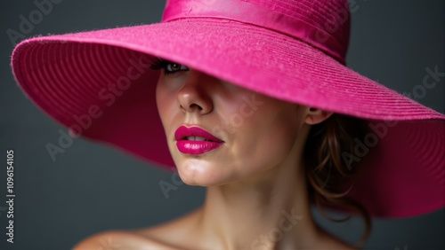  a woman wearing a pink hat and red lipstick, with a blurred background