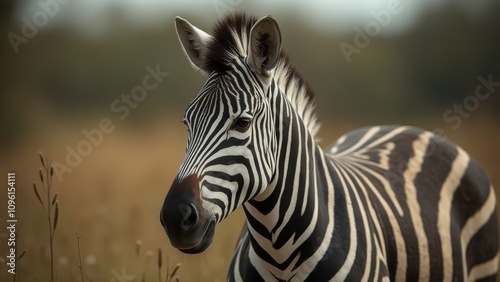  a zebra standing in the middle of a field, with its black and white stripes standing out against the blurred background