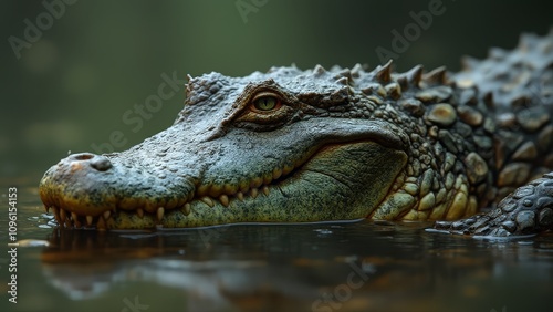  a crocodile with its mouth open in the water, its green and brown scales glistening in the sunlight photo