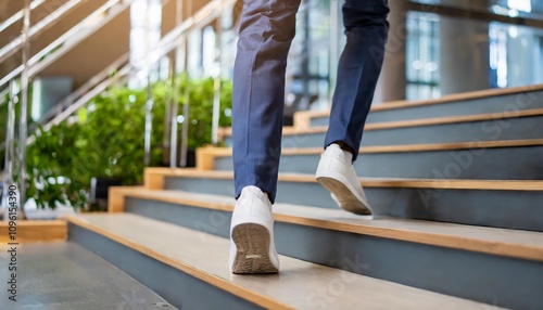 Close-up of a young businessmanâ€™s feet sprinting up office stairs, showcasing determination, energy, and ambition in a professional setting with a focus on his rapid, upward movement.