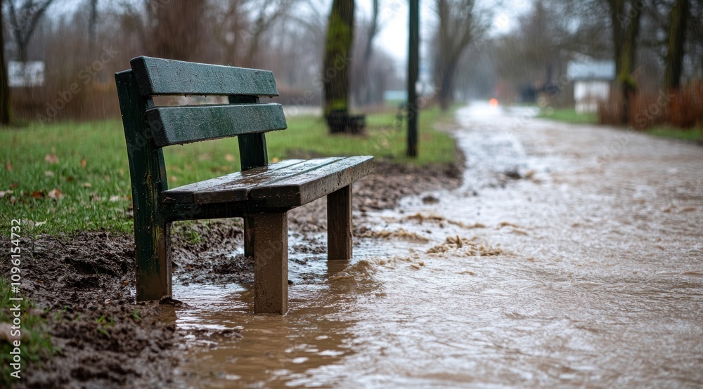 A solitary wooden bench surrounded by floodwaters in a quiet park setting. A solitary wooden bench surrounded by floodwaters in a quiet park setting.