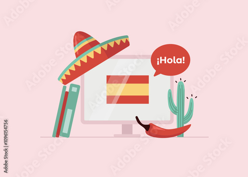 Computer on the table with sombrero and Spanish flag. Foreign language online study concept. Text "¡Hola!" in Spanish language means "Hello!". Vector illustration in flat style.