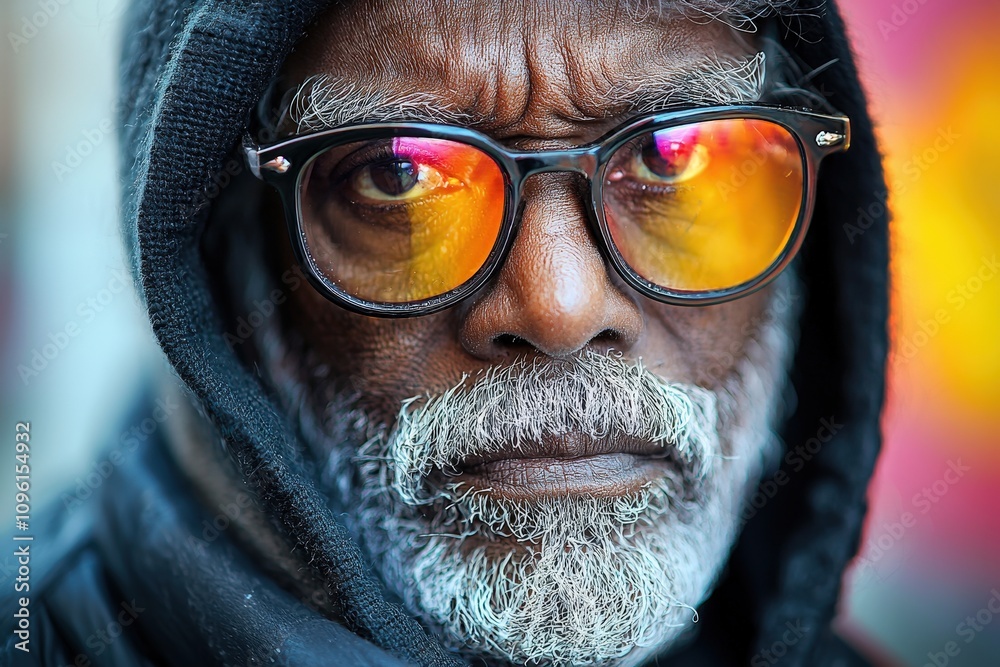 Reflective portrait of bearded man with hood and vibrant sunglasses Reflective portrait of bearded man with hood and vibrant sunglasses