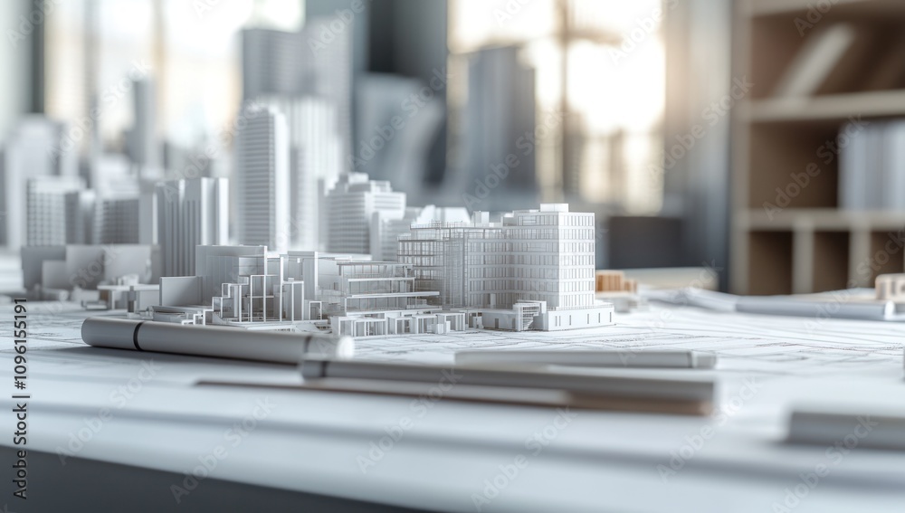 A detailed architectural model of a cityscape on a design table. A detailed architectural model of a cityscape on a design table.