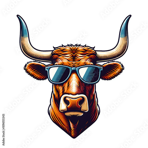 Texas longhorn cow head wearing sunglasses logo illustration, cattle breed farming design element