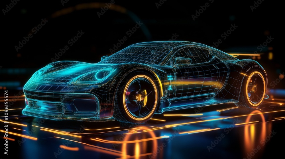 Futuristic Car Surrounded by Blue and Orange Wireframe Design on Black Background Futuristic Car Surrounded by Blue and Orange Wireframe Design on Black Background