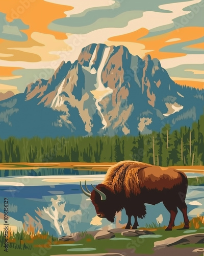 Wallpaper Mural Illustration of yellowstone national park in wyoming colorful retro style poster background Torontodigital.ca