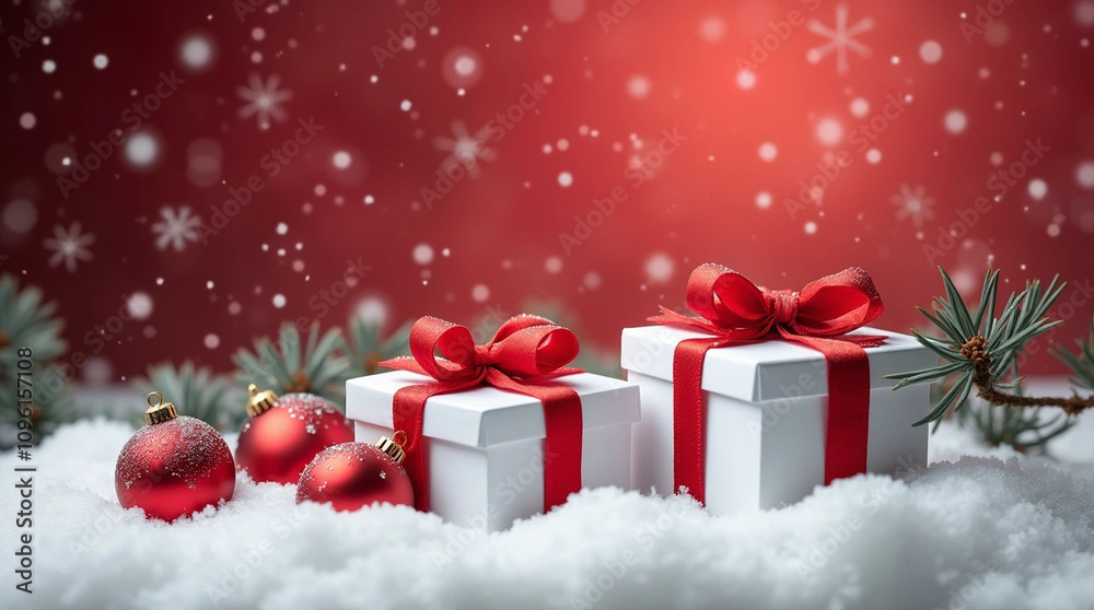 Close-up of a gift box featuring a red ribbon and two ornaments Close-up of a gift box featuring a red ribbon and two ornaments