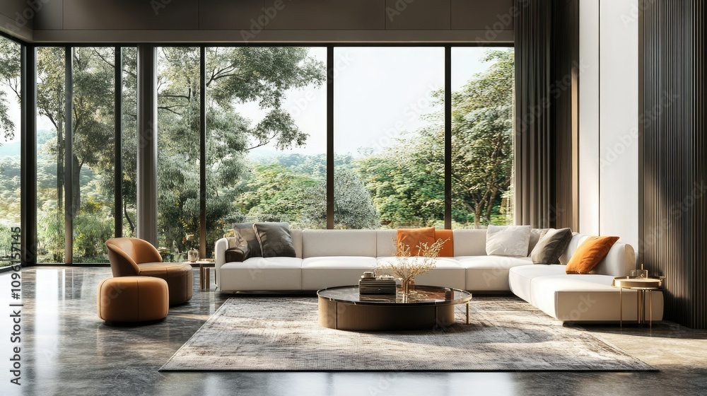 Modern Living Room with Large Windows and Scenic Nature View Modern Living Room with Large Windows and Scenic Nature View